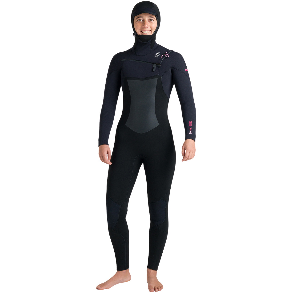 2026 C-Skins Womens Nuwave Rewired 6/5mm Hooded Chest Zip Wetsuit CRW65WH - Black / Black / Rose